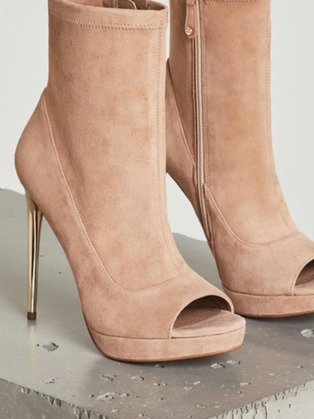 BCBGMaxAzria Blush Suede Peep-Toe Ankle Booties with Gold Stiletto